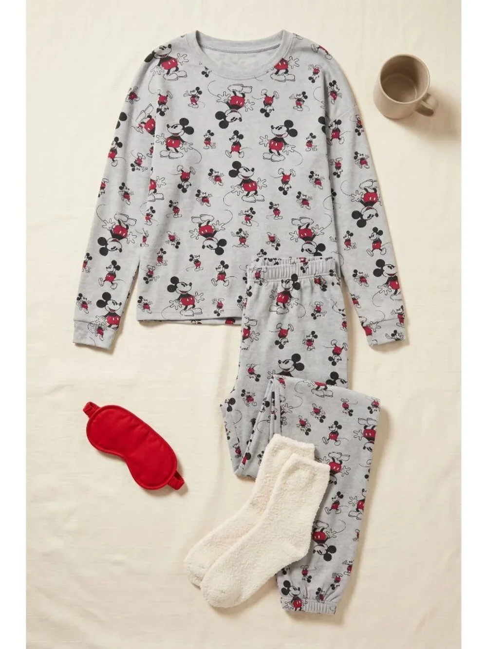 Disney Mickey Mouse Womens Pajama Set L 12-14 Gray Fleece Jogger Lounge NWT